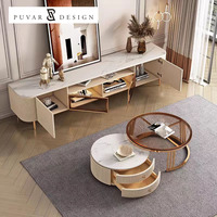 Meuble TV moderne en bois avec comptoir en pierre lisse et vitrine en verre, personnalisable et très demandé, pour salon