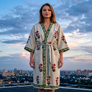 Robe kimono pour femme en coton 100% premium, dentelle douce, imprimé à motifs |   Robe longue ethnique traditionnelle faite à la main |   Style bohème simple au quotidien - Product Image 1