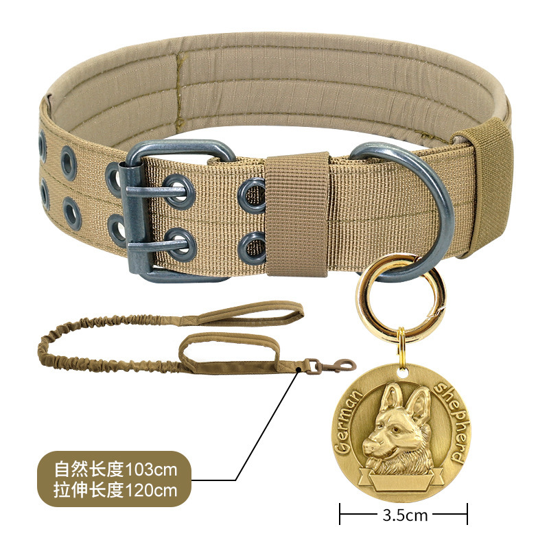Khaki-elastic leash, perforated collar, German shepherd tag