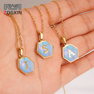 Zogxin Hexagon Pendant Necklace Stainless Steel Blue Shell Letter <b>Initial</b> Jewelry For Women - Product Image 1