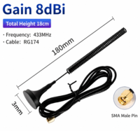 Antenne fouet 433 MHz à base magnétique puissante 3-12 dBi avec bobine de charge et câble RG174 pour connecteur mâle IP67 RHCP, pour véhicule, radio amateur et module LoRa