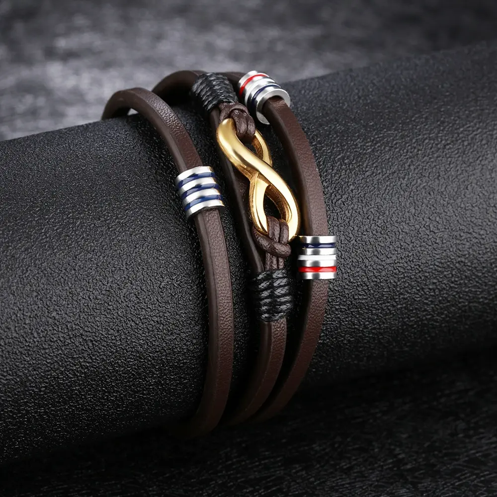 Charm Infinity Gold Plated Waving Leather 316L Stainless Steel Bracelet Mens