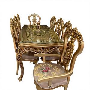 Luxury Royal Antique Teakwood Gold Dining <b>Table</b> Set Round 8 Seater Premium Dining Room Furniture - Product Image 1