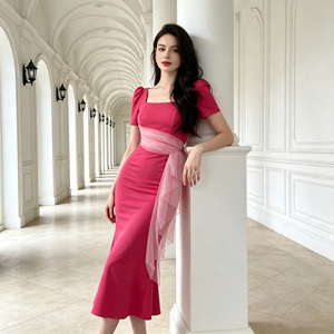 ZYHT 83050 Abito Formale Estivo da Donna, Elegante con Collo Quadrato, Maniche Corte, Antistatico, Fucsia, Vestito Midi a Sirena per Banchetti - Product Image 2