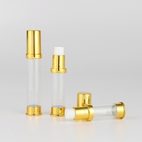Flacon pompe sans air transparent en PET avec bouchon doré, imprimé sérigraphié, 5ml, 10ml, 15ml en stock, pour emballage de soins de la peau