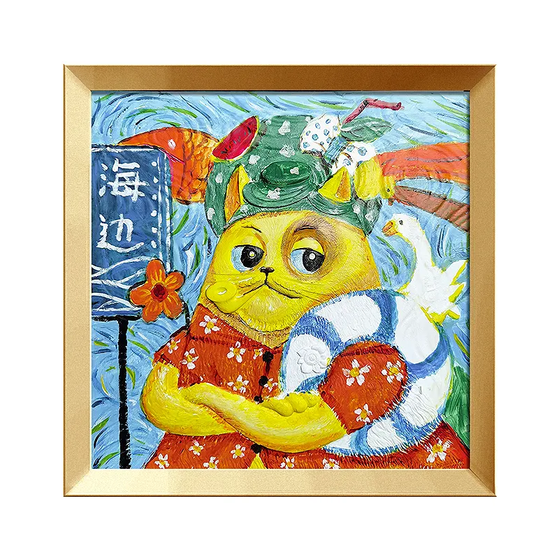 35x35 cm Bild nach Zahlen Fan Cat Cartoon Figur Ölgemälde Zeichnung auf Harz handgemalte chinesische Schrift zeichen