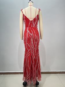 أحمر مشرق حورية البحر فستان طويل السباغيتي الأشرطة الخامس الرقبة اللؤلؤ منمق حفلة موسيقية المشاهير فساتين السهرة Vestidos - Product Image 6