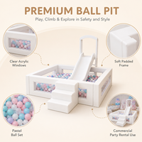 Équipement de jeu souple blanc avec double toboggan et piscine à balles transparente, aire de jeux commerciale pour location d'événements et fêtes d'anniversaire