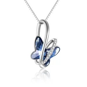 Colar de prata esterlina 925 infinito com pingente de cristal fino borboleta azul