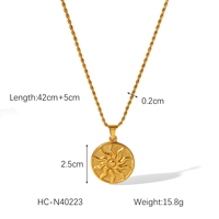 H&C Vintage Collier ras-du-cou tendance en acier inoxydable plaqué or PVD 18K avec pendentif pièce de monnaie en relief soleil et chaîne torsadée