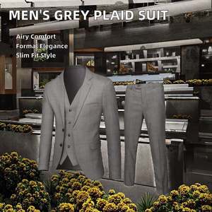 Italian Style Business Wedding <strong>Suit</strong> Slim Fit Button Fly Made 2022 Wholesale Men's <strong>Light</strong> Grey Plaid Single Breasted Breathable - Product Image 1