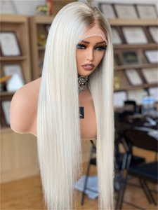 Perruque Lisse Soyeuse Complète pour Femme, Cheveux Vierges Blond Blanc avec Racines Cendrées, Sans Colle, HD Transparente, 180% Densité, Petite Longueur - Product Image 2