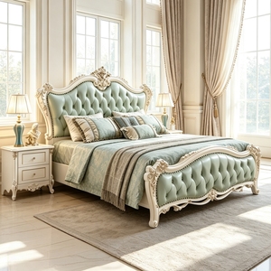Lit classique européen en bois massif sculpté, avec cadre rembourré en cuir, taille King Size, ensemble de meubles de chambre de luxe pour villa, hôtel, maison - Product Image 6