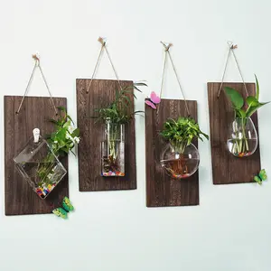 Creative Unique Hanging Geometric Vase Hydroponic Plant Vase Transparent Glass Vase With Wooden Board