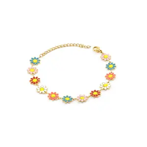 Fashion INS Style Lucky Jewelry Colorful Flowers Chain Enamel Stainless Steel Bracelet for Girl or Women
