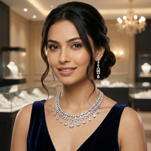 Parure de bijoux de mariée plaqué argent de haute qualité pour femme, collier ras-du-cou et boucles d'oreilles pendantes en zircon cristal, design classique et tendance - Product Image 2