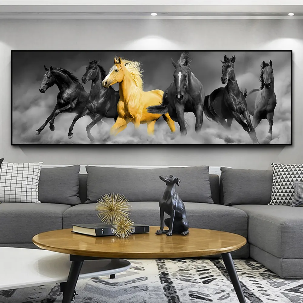 Living Room Home Bedroom Decor Large Size Cuadros Wall Golden Animals Frame canvas horse prints art
