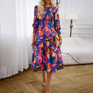 Váy liền thân nữ cổ V tay dài họa tiết hoa, váy dài đi biển thanh lịch phong cách boho, váy <span class=keywords><strong>midi</strong></span> thường ngày - Product Image 2