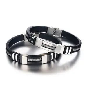 Pulsera de silicona negra de diseño personalizado para hombre, pulsera de goma de acero inoxidable y titanio