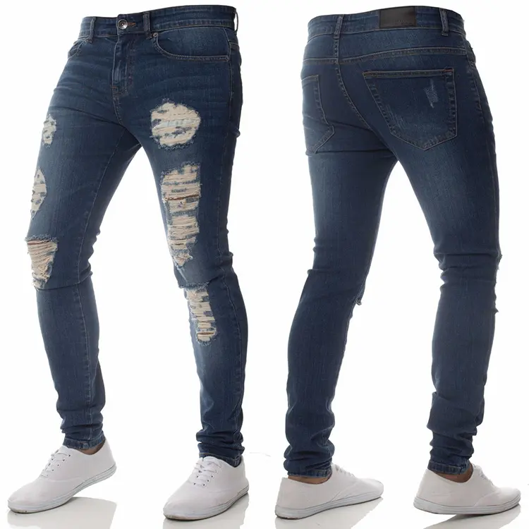 Jeans découpés en denim déchiré personnalisés, nouveau style d'été avec pantalon long classique pour hommes à trous déchirés/