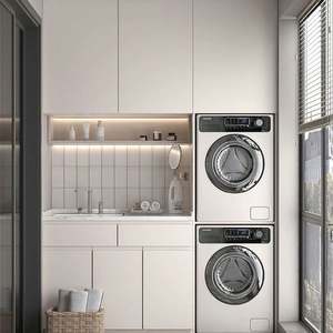 Armoires de rangement murales en céramique avec miroir éclairé par LED, style ferme moderne de luxe, écologiques, personnalisées pour la blanchisserie - Product Image 1