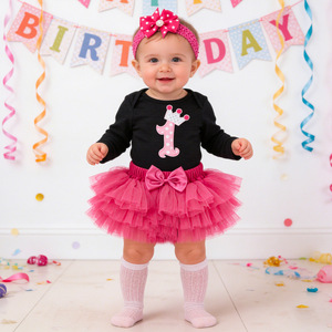 Pagliaccetto a maniche lunghe con stampa a cuore per neonata, vestito da principessa per il primo compleanno e set con gonna in tulle - Product Image 5