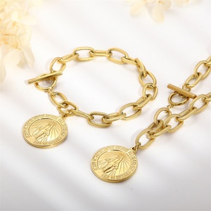 Fashion Round Charm 18k Gold Dubai <b>Bracelet</b> Coin Necklace Stainless Steel Jewelry Sets - Product Image 3