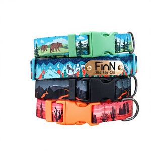 Collar de Terciopelo Sólido Personalizado con Etiqueta de Identificación con Nombre, Diseño de Bosque con Árboles y Lazo para Perros Pequeños/Medianos/Grandes - Product Image 1