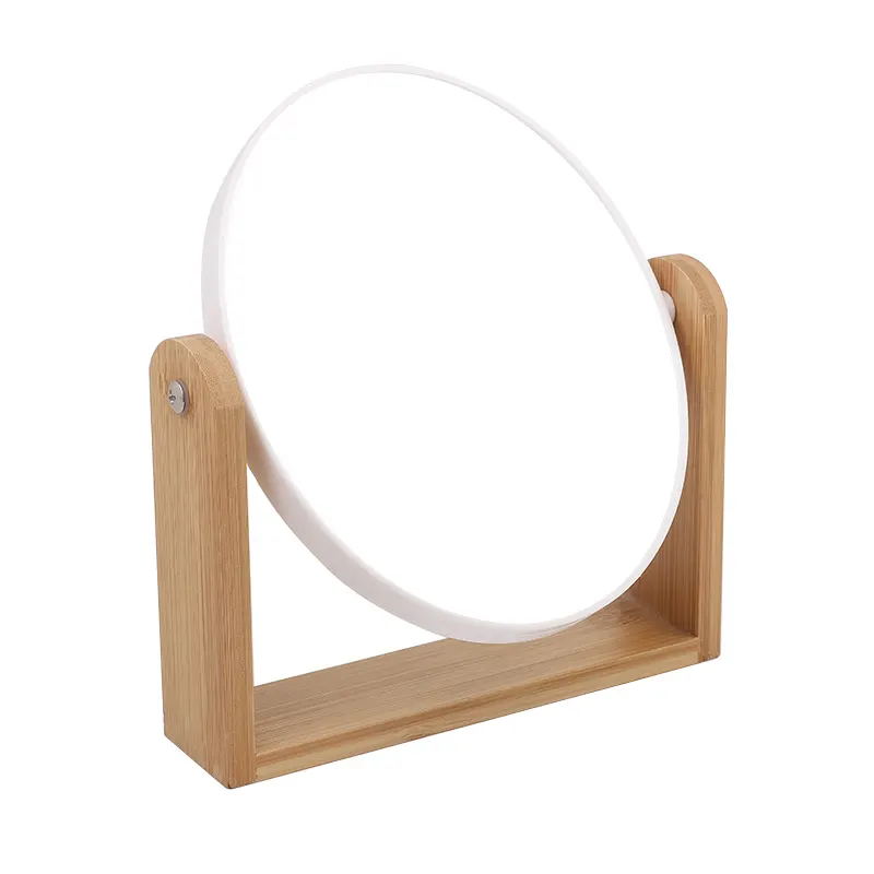 Double Sides Makeup Mirror With Natural Bamboo Frame 360 Degree Rotating Round Magnifying Glass Desktop Makeup Mirror For Woman