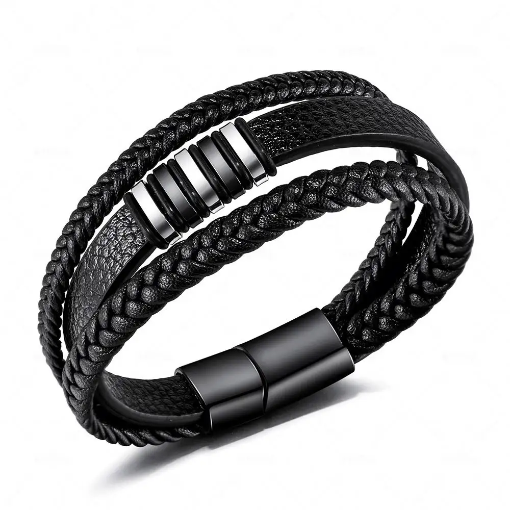 Hot Sale Leather Bracelet 3 Colors Stainless Steel Magnetic Clasp Jewelry For Men Multi-Layer Genuine Leather Bracelet