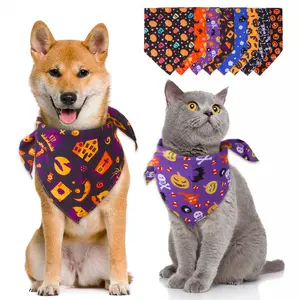 Wholesale Soft Custom Halloween Large Polyester Fabric Pumpkin Head Printed Pet Dog Bandana Pet Scarf Halloween Decoration