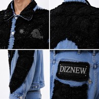 Ensemble de jeans DIZNEW pour homme, veste bleu clair à sequins noirs, pantalon baggy, broderie lettres, motif étoile, bords bruts, style artistique, personnalisé OEM