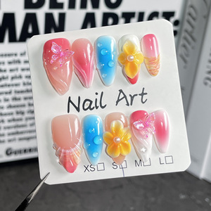 TSZS 10 <span class=keywords><strong>Uñas</strong></span> Acrílicas Medianas en Forma <span class=keywords><strong>de</strong></span> Almendra, Hechas a Mano, con Flores 3D, Gotas <span class=keywords><strong>de</strong></span> Agua y Diamantes <span class=keywords><strong>de</strong></span> Imitación, Pintadas a Mano, Desmontables - Product Image 3