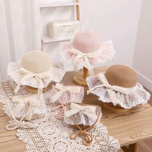New Children's Straw Hat Girls Summer Large Brim Lace Edge Straw Ribbon Bow <b>Sun</b> Hat and Bag Set - Product Image 1