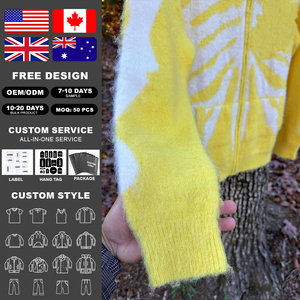 Sweat à capuche zippé personnalisé avec motif tête de mort, jaune vif, style streetwear, cardigan tricoté à capuche Y2K unisexe - Product Image 2