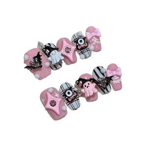 <span class=keywords><strong>Faux</strong></span> ongles courts à presser, motif cœur de démon mignon et effrayant, Halloween, 10 pièces, noir et rose, style gothique, avec adhésif - Product Image 1