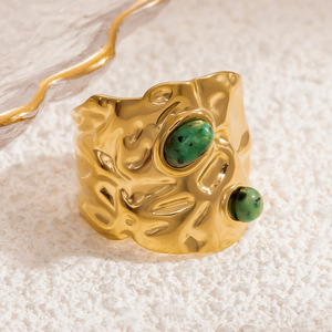 Bagues tendance en acier inoxydable plaqué or 18 carats avec incrustation de pierres naturelles, motif floral géométrique, bijoux unisexes, cadeau - Product Image 3