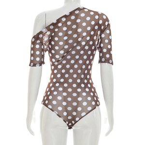 Viviblook J26BS139 Women Summer <b>Bodysuit</b> New Sexy Polka Dot Mesh <b>Sheer</b> Off Shoulder Asymmetry Short Sleeved <b>Bodysuit</b> - Product Image 5