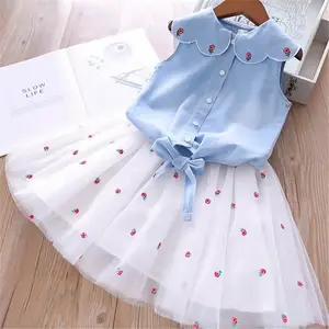 Two Piece Summer Dress Girls Clothing Sets Sleeveless Floral Printing T shirt Top and Tutu Dress Kids Wholesale Clothing