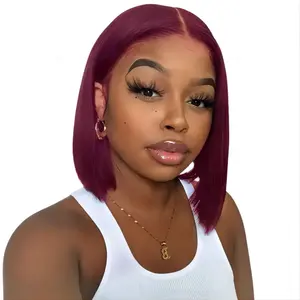 Short bob colored red 99J transparent hd lace closure and front wigs for black women mink Brazilian virgin human hair wig vendor