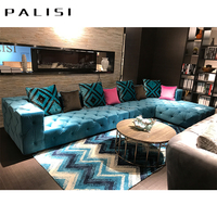 Muebles de Moda, Sofá de Terciopelo Azul con Capitoné en Forma de L de 7 Plazas, Conjunto de Sofá Moderno para el Hogar, Sofá Chaise Longue para Sala de Estar