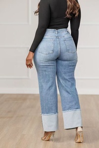 <span class=keywords><strong>Jean</strong></span> baggy bleu pour <span class=keywords><strong>femme</strong></span> YUANBOFEI, pantalon en denim évasé avec revers repliés, coupe ample, décontracté, grandes tailles - Product Image 4