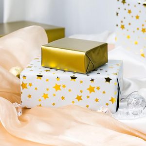 Gold Foil Star Wrapping Paper 17 In X 32.8 Ft Reversible Metallized Gift <b>Wrap</b> For Birthday Valentine Mothers Day - Product Image 6