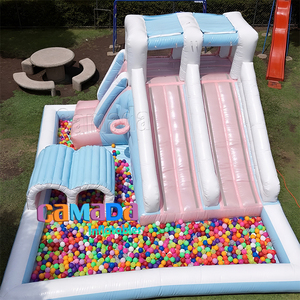 Château gonflable et toboggan à trois voies de couleur pastel, nouveau design, avec fosse à balles pour les fêtes d'enfants, location, utilisation en aire de jeux dans la cour - Product Image 4