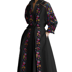 Robe d'été bohème vintage pour femme, coupe trapèze, longueur genou, à manches longues, col à revers, imprimée, avec poches, taille naturelle, respirante - Product Image 2