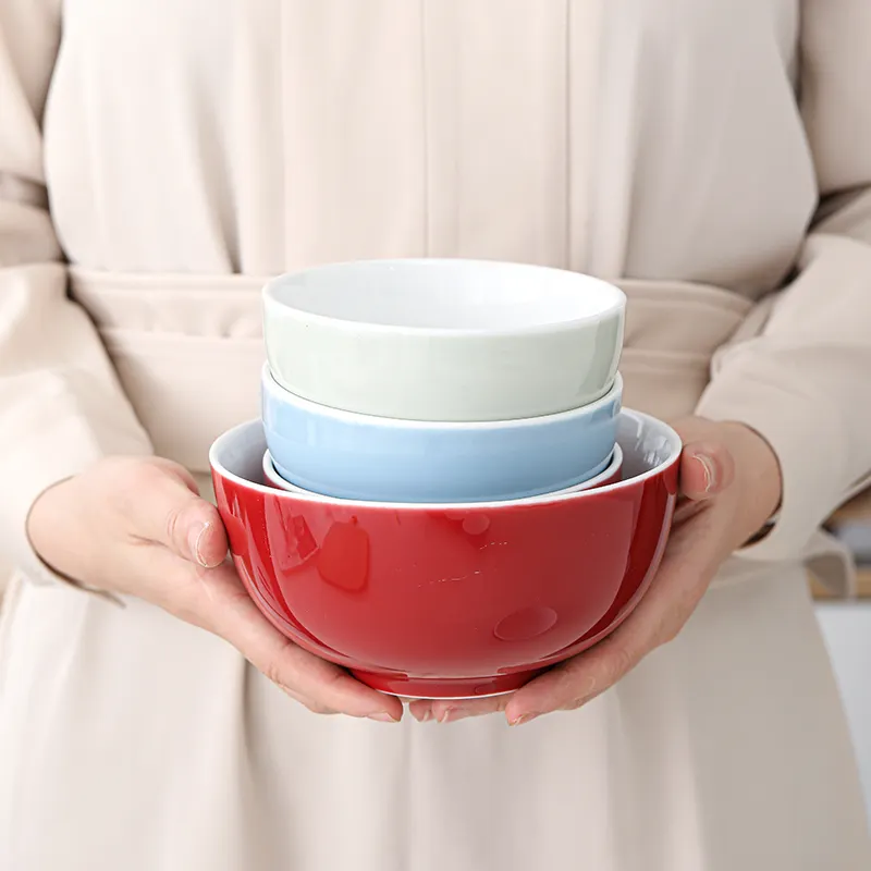 Glossy Round Shape Ceramic Simple Different Color Porcelain Sushi Rice Bowl/Ramen Bowl/Salad Bowl White inside Colorful outside