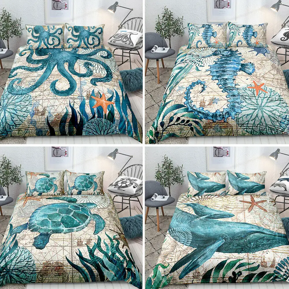 Sea Turtle Bedding Ocean Duvet Cover Set Teal Mediterranean Style Marine Themed Design Ocean Bedding Sets Queen King Twin Size