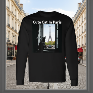 Camiseta de manga larga con diseño gráfico de gato lindo en París, color negro, para hombres, mujeres, unisex - Product Image 3
