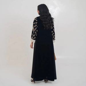 Robe longue élégante en velours noir brodée de fleurs, style abaya modeste, pour femmes, <span class=keywords><strong>HS123</strong></span> - Product Image 4