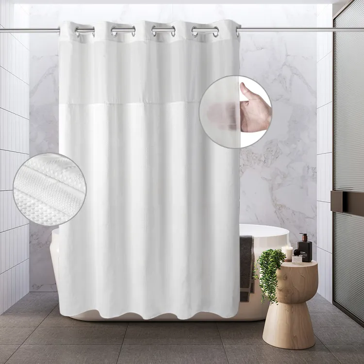 Wholesale waterproof 100% polyester fabric solid waffle shower curtain bathroom with hookless